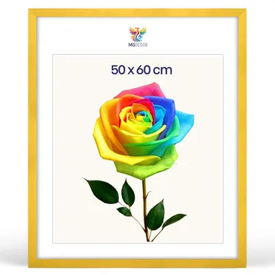 Produktbild von MG Design Bilderrahmen 50 x 60 cm - Posterrahmen mit Gelb Holzrahmen (Echtholz) und bruchsicherem Acrylglas, Hoch & Quer mit stabiler Wandaufhängung