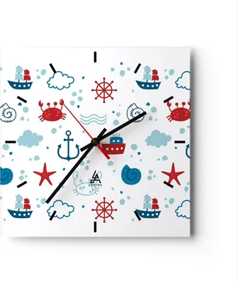 Produktbild von Wanduhr - Quadrat - Glasuhr - Meer Boot Anker Schiff - 30x30cm - Schleichendes Uhrwerk - Lautlos - zum Aufhängen bereit - Dekoration Modern - Wanddekoration aus Glas - C3AC30x30-2889