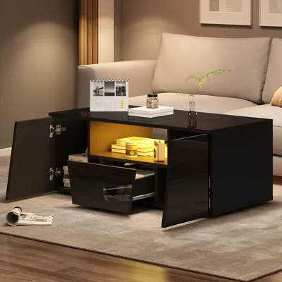 Zdjęcie produktu dla Fortuna Lai 100*50*40 cm stolik kawowy, stolik pod sofę z oświetleniem LED, stolik do salonu z wysokim połyskiem z 2 szafkami, stolik pomocniczy, stolik kawowy z 1 szufladą, nieregularny design, czarny