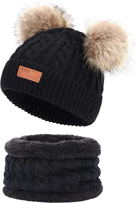 Produktbild von Baby Mütze Schal Set Mädchen Jungen Warm Fellbommel Beanie Hüte