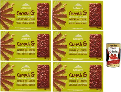 Produktbild von Galbusera CerealiG cracker ai 5 cereali con riso soffiato ricoperte di cioccolato, 5 Getreide crackers mit aufem Reis mit Schokolade bedeckt 6x 150 g + Italian Gourmet polpa 400g