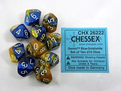 Immagine prodotto di Set di cubi D10 Chessex Gemini blu-oro-bianco (10 pezzi)