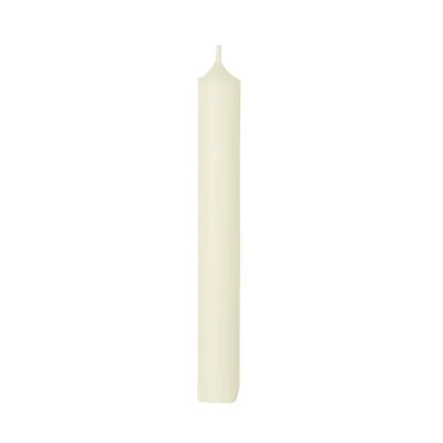 A single ivory-colored candle is shown standing upright against a white background.