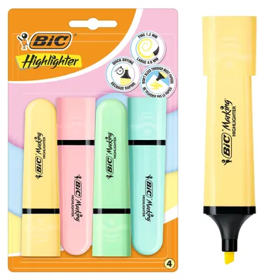 Zdjęcie produktu dla BIC Flat Highlighter Mix Pastel Opakowanie blistrowe zawierające 4 sztuki