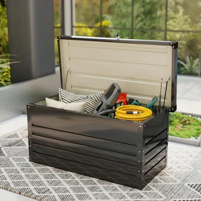 Image de Coffre de jardin en métal, 350 litres, verrouillable, étanche, en acier galvanisé, de couleur grise | 120 x 61 x 62 cm | équipé de ressorts à gaz | inclut une serrure