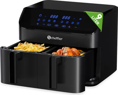 Produktbild von Scheffler Doppel-Heißluftfritteuse 9L(2x4.5L),  XXL Airfryer, 8 Programme, Heißluft Fritteuse ohne Fett Öl Dual Luftfritteuse Air Friteuse Schwarz