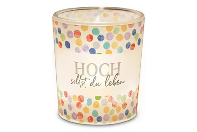 Produktbild von Geburtstagskerze, Kerze im Glas, mit Aufdruckt Hoch sollst Du leben, Geschenk zum Geburtstag