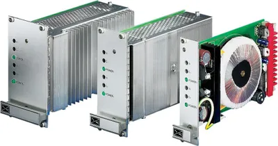 Three electronic power supply units are arranged diagonally against a white background.