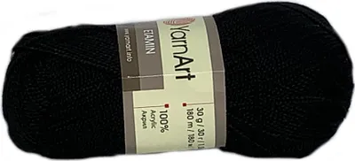 A ball of black yarn with a label wrapped around it.