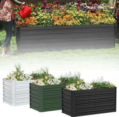 A person watering flowers in a raised garden bed, with three smaller raised garden beds shown in the foreground in different colors.