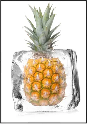 Produktbild von Wallario Wandbild Ananas in Eiswürfel - Eiskaltes Obst, Größe: 70,30 x 100,30 cm, Poster mit schwarzem Aluminiumrahmen