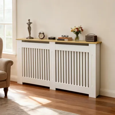Obrázek produktu pro FATIVO Kryt radiátoru 152 x 20 x 83 cm – kryt radiátoru v bílé barvě s dřevěným dezénem, ze zesílené MDF desky, svislé lamely