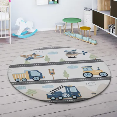 Produktbild von Kinderteppich Kinderzimmer Teppich Spielmatte Rutschfest Berge Wolken Creme Blau Grösse 150 cm Rund