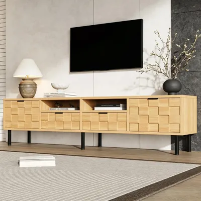 Obrázek produktu pro MODFU TV skříňka, 200 cm, pod televizor pro 80palcovou televizi, televizní skříňka s dřevěným vzhledem, televizní komoda se 2 zásuvkami a 2 dvířky, moderní televizní nábytek