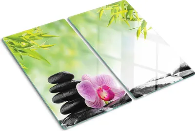 Produktbild von Glasplatte zum Schutz der Kochfläche – Abdeckung für die Kochplatte – Abdeckung für Induktionskochfelder – 2 Stück, 30x52 cm – Einfache Reinigung – Gehärtetes Glas – Motiv: Orchidee und Steine