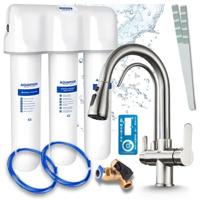 Image de Robinet de cuisine 3 voies Nordic, en acier inoxydable, avec douchette extractible. Livré avec un système de filtration d'eau Aquaphor et une installation sous évier