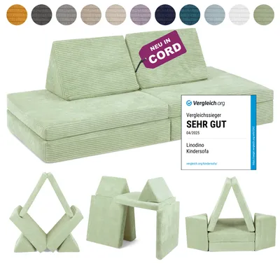 Produktbild von Linodino Spielsofa Cord - Kindersofa | Kinder Couch als Kuschelecke und Indoor Spielplatz | Kinder Sofa aus Schaumstoff Bausteinen I Avocado Grün