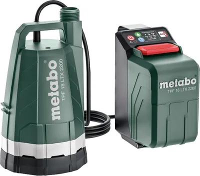 A Metabo cordless submersible and rain barrel pump with its battery pack.