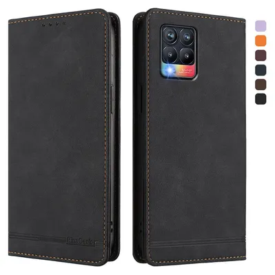 Image de Etui pour Realme 8 4G/Realme 8 Pro 4G, étui rétro en cuirPolyuréthaneavec support et fentes pour cartes Noir