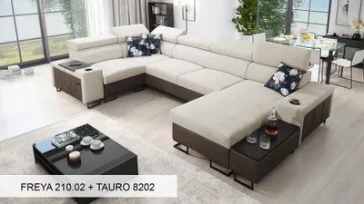 Produktbild von Moderne Wohnlandschaft U-Form Ecksofa MELODIE IV MAXI mit Schlaffunktion BEIGE FREYA 210.02 + TAURO 8202