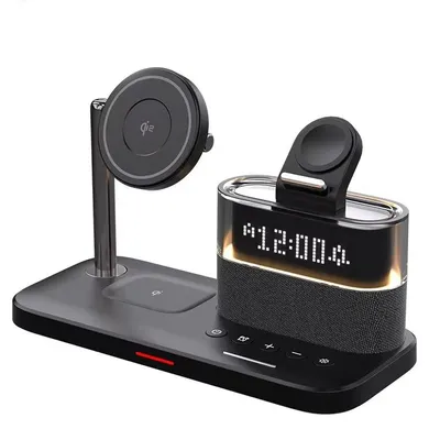 Obrázok produktu pre 15 W 5 v 1 magnetická bezdrôtová nabíjací stanica s RGB osvetlením a digitálnym displejom, rýchla nabíjačka pre smartfóny, inteligentné hodinky a slúchadlá, čierna