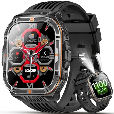 Produktbild von Smartwatch Herren 1100 mAh Militär Smart Watch mit LED-Licht Kompass mit 150+Sportmodi Bluetooth-Anruf Herzfrequenz Schlafanalyse Sportuhr für iOS Android