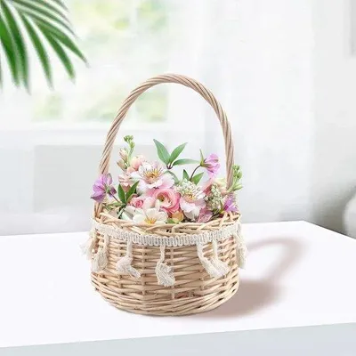 Immagine prodotto di Cestino per fiori in vimini, piccolo Cestino per fiori con manico Piccolo cestino per fiori con manico per decorazioni di feste di matrimonio