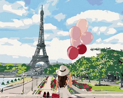 Produktbild von Diamondi - Diamond painting - FRAU MIT BALLONS VOR DEM EIFFELTURM, 40X50 cm, mit Keilrahmen (bereits gespannt)
