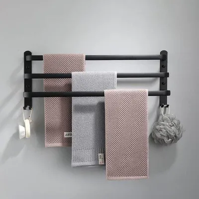 Obrázok produktu pre Uniqoos® Držiak na uteráky, 3-vrstvový, na upevnenie na stenu, z hliníka, matná čierna farba, dĺžka 50 cm (výška 22 cm) – Držiak na uteráky na stenu, vhodný do kúpeľne, kuchyne a toalety