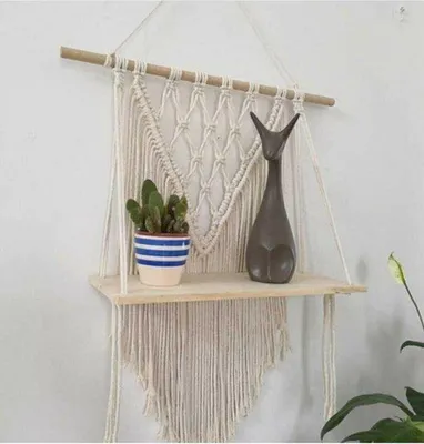 Produktbild von Wandregal Makramee Hängeregal mit Holzablage 50 x 70 cm Crème