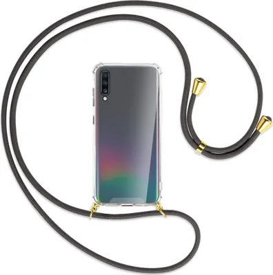 Produktbild von Handykette Backcover-Schutzhülle mit Band (Metall goldfarben) für Samsung Galaxy A70 - dunkelgrau