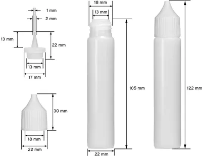 Obrázok produktu pre 10 plastových fliaš 30 ml podlhovastých z LDPE, G18, kvapkadlo, viečko biele, 1 mini lievik