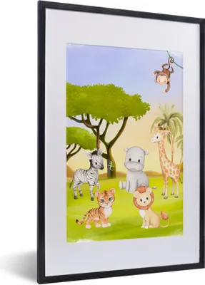 Produktbild von MuchoWow® Gerahmtes Poster Dschungel - Tiere - Kinder 40x60 cm - Poster mit Schwarzem Bilderrahmen Wandposter Rahmen Foto Bilder - Poster in Rahmen