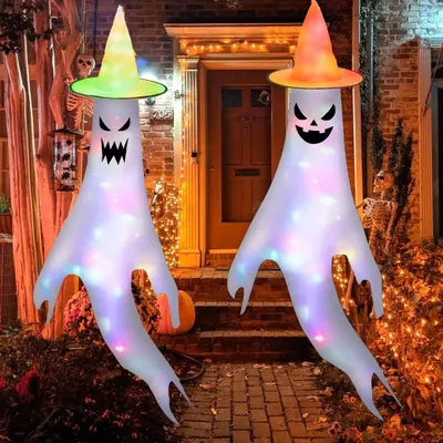 Halloween-Dekoration, 2 weiße Stoffgespenster, Grusel-Deko für draußen