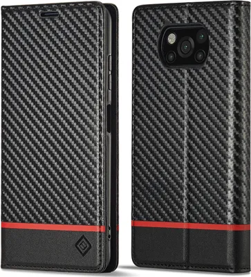 Produktbild von Hülle für Xiaomi Poco X3 NFC /X3 Pro Kohlefaser Leder Brieftasche Schutzhülle mit Standfunktion Schwarz Horizontal Rot
