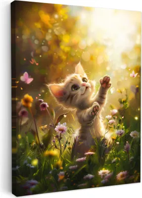 Zdjęcie produktu dla MuchoWow® - Obraz na płótnie - Kotek - Zwierzę - Natura - Kwiaty, fototapeta, dekoracja ścienna, obrazy do salonu, 60x80cm