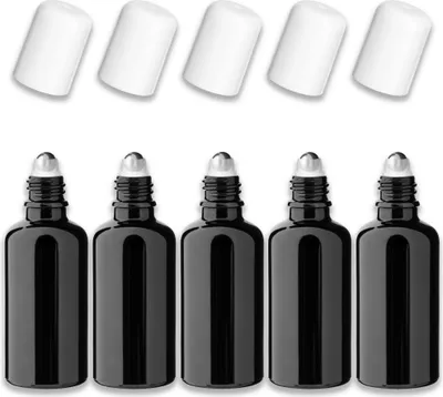 Produktbild von 5x Glasflasche schwarz 50 ml Roll-on mit Weißer Kappe Kosmetikflasche