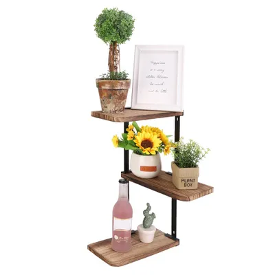 Image de FATIVO Étagère murale Étagère d'angle 3 niveaux en bois rustique Étagère suspendue Étagère à livres directionnelle pour chambre à coucher Salon Entrée Salle de bains