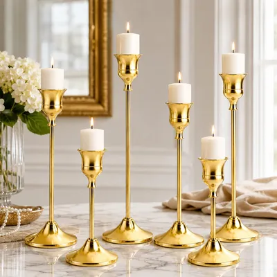 6 goldene Kerzenhalter, 3 Höhen, Stabkerzenhalter, Tischdeko