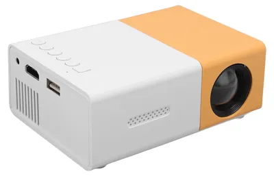 Image de Projecteur miniature portable jaune et blanc avec interface multimédia HD, connexion USB et AUX – Projecteur haute définition pour la maison et les voyages
