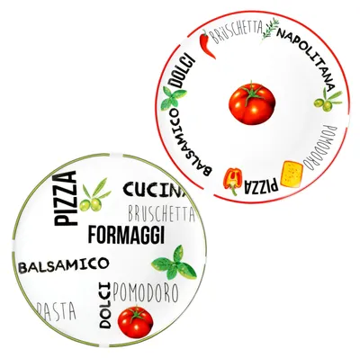 Produktbild von 2er Set Pizzateller Tomate | Weiß mit Dekor Grün & Rot Ø 31cm groß Teller für Pizzen