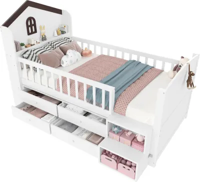 Produktbild von Kinderbett mit Schubladen, LED-Beleuchtung, Lattenrost, Stauraumtreppe, Regal, 90x200cm, Massivholzbett mit Rausfallschutz, Kiefer