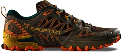 La Sportiva Bushido III Gtx Schuh in dunklem Braun mit orangefarbenen Details und Profilsohle