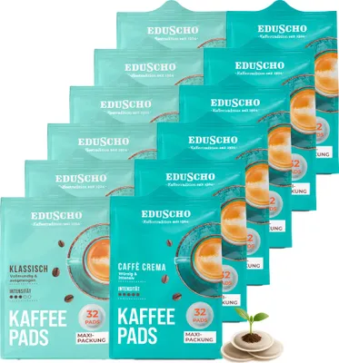 Produktbild von Eduscho Kaffeepads Probierset Vorratspack Maxi Packung, Klassisch & Caffè Crema, 384 Pads – 12 x 32 Pads, für alle Pad Maschinen, industriell kompostierbar
