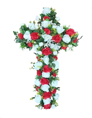 Kunstblumenarrangement, weiß-rot, 83x55x15 cm, wetterfest