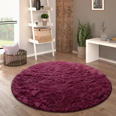 A round, plush rug in a living room setting, with a ladder shelf, basket, and plants.