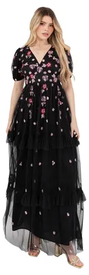 Produktbild von Maya Deluxe Damen Maxikleid, Damenmodell, V-Ausschnitt, kurze, puffärmelige Ärmel, mit Blumenmuster