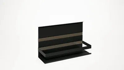A black metal shelf with two horizontal gray stripes, displayed against a white background.