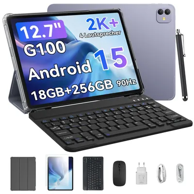 A tablet with a keyboard and stylus, along with accessories, displayed against a light gray and white background.