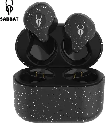 A pair of black wireless earbuds with a speckled white pattern and a charging case.